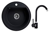 Rein Schwarz LINDBERGH® Granit Spüle mit Armatur 'TON44 + 1-Galo' + Siphon Einbauspüle Küchenspüle Spülbecken + DREHEXCENTER - Verbundstoffe MADE IN GERMANY (4. Spüle TON44 + Armatur 1-Galo)