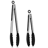 Homikit Küchenzange, Edelstahl Kochzange Grillzange 2er Set mit Hitzebeständige Silikongriff, Schwarz Antihaft Silikonspitze, 30,3cm & 23,7cm Fleischzange mit Verriegelung zum Kochen Grillen Servieren