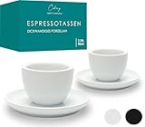 Cookery® Espressotassen 2er Set (90ml) aus dickwandigem Porzellan mit Untertasse ohne Henkel | Espresso tassen set | Mokkatassen Set | Espressobecher | (Weiß)