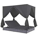 vidaXL Sonnenliege mit Vorhängen Gartenliege Lounge Doppelliege Relaxliege Sonnenbett Doppelbett Gartenmöbel Liege Liegestuhl Poly Rattan Grau