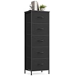SONGMICS Kommode, Schrank, 5 Stoffschubladen, Aufbewahrungsschrank, Stahl, MDF, Vliesstoff, für Schlafzimmer, Flur, Wohnzimmer, tintenschwarz-ebenholzschwarz LGS315BH03