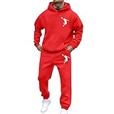 Generisch Herren-Sweatshirt-Anzug-Set mit Kapuze, lässiger Basketball-Print, Jogger-Outfit, bequemer Streetwear-Trainingsanzug für den Winter und Herbst (Red, L)
