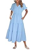Theenkoln Sommerkleid Damen Lang V-Ausschnitt Kurzarm Strandkleid Einfarbig Rüschen Midikleid Freizeitkleider mit Taschen Himmelblau L