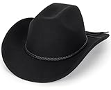 Calssic Western-Cowboy-Hut für Herren und Damen, breite Krempe, Cowgirl-Hut, Fedora-Jazz-Hut mit Band, Schwarz mit Band, M