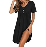Crewhpo Nachthemd Damen Kurzarm Nachtwäsche Baumwolle Nachtkleid Kurz mit V-Ausschnitt Schlafshirt Loungewear Kurze Ärmel für Frauen Bequeme Sleepshirt Einfarbiger