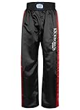 BAY EDEL Stick Kickboxhose, schwarz mit roten Seitenstreifen gestickte Schrift Kickboxen Thaiboxhose lang Hose Kick-Boxen Thaiboxen Muay Thai Satinhose rot (XL)