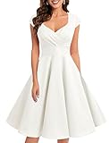 bbonlinedress 1950er Vintage Retro Cocktailkleid Rockabilly V-Ausschnitt Faltenrock White (Creme) XL