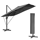 SONGMICS Sonnenschirm 290 x 290 cm, Ampelschirm, Gartenschirm, UV-Schutz UPF 50+, um 360° drehbar, Neigungswinkel verstellbar, mit Ständer, Befestigungsgurten und Abdeckung, rauchgrau GPU039G01