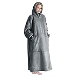 Good Nite Decke mit Ärmeln für Frauen und Männer Sherpa kuscheldecke Tragbare Decken Adult Cosy Sweater Tragbare Warm Decken Übergroßer hoodie mit Taschen Grau Sherpa-90x130 cm