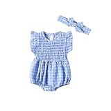 SUPTTING Baby Jungen Strampler Set mit Stirnband Vichykaro Gesmokt, Ärmelloser Body Overall Spielanzug Sommer Outfit für Neugeborene Kleinkinder Niedlich Bequem Rüschenärmel Einteiler