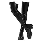 ErikenUrben Damen Schwarz Oberschenkel Leder Overknees Stiefel Plateau Chunky Heel Stretch Boots Kniehoch Langschaft Mit Reißverschluss Größe 39