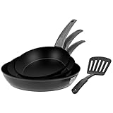 GRÄWE Pfannenset, 3-teilig, Ø 20 cm, Ø 24 cm, Ø 28 cm, induktionsgeeignet, inkl. Pfannenwender, rutschfeste Kunststoffgriffe in Holzoptik, neu: ohne PFAS und PFOA