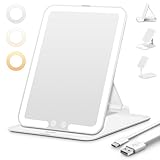 Auxmir Kosmetikspiegel mit Beleuchtung, Ultra Dünn Schminkspiegel mit 3 Lichtfarben, LED Spiegel mit Beleuchtung, USB Wiederaufladbar Tischspiegel Reisespiegel für Schminktisch, Reise, Weiß