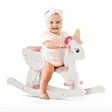 FUNLIO Einhorn Schaukelpferd Holz für 0,5-3 Jahre, Niedliches Schaukelpferd Baby mit Sicherheitsgurt und Rückenlehne, leicht zusammenzubauendes Kleinkindreitspielzeug, CPC Zertifiziert - Rosa