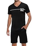 Marvmys Herren Schlafanzug Kurz Pyjama Baumwolle V-Ausschnitt Nightwear Sommer Nachtwäsche Pyjamaset Kurzarm T-Shirt Schlafanzughose Shorty