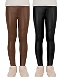 KEREDA Mädchen Leggings Thermo Gefüttert Thermoleggings Winter Warme Kunstleder 2er-Pack,Schwarz/Braun,146-152