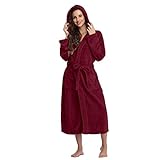 Damen-Bademantel, weich, flauschig, mit Kapuze, Winter, gemütlicher Fleece-Bademantel für Damen, Morgenmantel mit Tasche, wein, XXL
