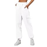 Cargo-Jogginghose mit Bündchen, Cargo-Hose für Damen, einfarbig, mit mehreren Taschen, legere Sporthose, modische Wanderhose, weite Taille, Fitnessstudio, Sporthose, weiß, XL