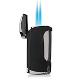 Winddichtes Butan-Feuerzeug aus Metall mit blauer Flamme und Doppelstrahl, sichtbares Brennstofffenster for Einstellen der Flammengröße, geeignet for draußen, Camping, for Anzünden von Kerzen, kann an