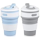 7WUNDERBAR Faltbarer Reisebecher 2 Stück Faltbarer Trinkbecher ，Faltbarer Kaffeebecher，Faltbare Silikon Tasse mit Deckel, Camping Tasse wiederverwendbar，für Camping Wandern Reisen Picknick(350ml)