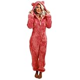 Damen Jumpsuit Teddy Fleece Einteiler Overall Anzug, Dicker Plüsch-Strampler Für Damen Weicher Plüsch Overall Winter Warm Onesie Lange Schlafoverall Bequeme Loungewear Mit Kapuze