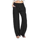 Leinenhose Damen Einfarbig Musselin Hose Elastische Hohe Taille Cargohose Baumwolle Stoffhose Kordelzug Sommerhose mit Taschen Lässig Freizeithose Lose Strandhose Leicht Jogginghose Frauen Freizeit