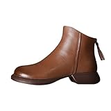 Damen Stiefeletten Blockabsatz Mokassins Runde Zehe Chunky Kurze Stiefeletten Vintage Leder Boots mit Reißverschluss Weiche Sohle Schlupfstiefel Elegante Damenstiefel Slip On Ankle Boots