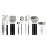 24-teiliges Besteckset aus Edelstahl in Schwarzgold, Gabel, Löffel, Messer, Western-Silberbesteck, Geschirr-Zubehörset (Schwarz-Silber)