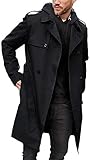 Gafeng Herren-Trenchcoat, schmale Passform, zweireihig, Gürtel, Windbreaker, Revers, lange Jacke, lässig, winddicht, Schwarz, XL