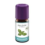 Baldini Bio Basilikumöl 5ml - 100% Naturreines Ätherisches Öl - Lebensmittelqualität - Vegan - für Speisen, Getränke & Aroma Diffuser - aus Ägypten