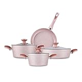 Karaca Bio Granit Töpfe und Pfannen Set, Antihaft-Kochgeschirr Set mit Glasdeckeln, 7-teilig, Kratzfest, spülmaschinengeeignet, Küchen-Kochutensilien, Induktion Roségold Topfset