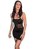 GORGLITTER Figurbetontes Kleid Kurz Schwarz Damen Cami Kleid Partykleid Sexy Minikleider Kleid Mit Netzstoff Spaghettiträger Kleid Schwarz L