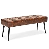 LUE BONA Sitzbank mit Linienmuster, 113 cm Kunstleder getuftete Polsterbank, Metallbeine Bettbank, Sitzhocker für Schlafzimmer, Wohnzimmer, Rotbraun