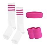 Lufdegim Schweissband und Socken Set, 80er 90er Jahre Schweißband Gestreiftes Stirnband, Armband, Gestreifte Hohe Socken für Damen Herren Sport Laufen Radfahren Karneval Kostüme Party (Rosa)