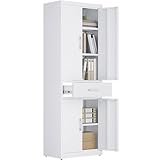 YITAHOME Aktenschrank verschließbar, Aufbewahrungsschrank mit 3 verstellbaren Regalen, Büro Aktenschrank mit Schublade, Stahl Büro Schrank für Büro Küche Garage, 180H cm x 60W cm x 34D cm, Weiß