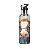 Cartoon Lustiges Kuhtier Trinkflasche Wasserflasche mit Strohhalm, Thermosflasche Vakuumisolierte aus Edelstahl 18/8, BPA-frei für Kinder Sport Wandern Schule (600ml/1L)