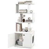COSTWAY Katzenschrank mit Bücherregal, Katzenklo Schrank für Katzentoilette, Büroregal mit 4 Ebenen & Eingang, Katzenhaus für Katzen Hunde Haustier, Katzenmöbel Indoor, 60 x 45,5 x 142 cm, Weiß