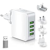 Reiseadapter Weltweit 4 USB Universal Reisestecker Adapter Ladegerät 22W, Internationaler Steckdosenadapter Travel Adapter Weltreise Steckdose Netzteile für USA UK EU AUS Europa England Thailand