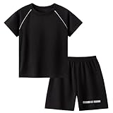Mjjsk Jungen T-Shirts Shorts Sets Kinder 2 Stück Sommer Outfits Kinder Athletic Kleidung Set Schule Trainingsanzüge Casual Sport Fußball Set, Schwarz , 9-10 Years