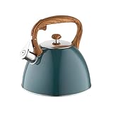 FLORINA Wasserkessel (2,5 l) I Edelstahl Teekessel FRANK I Flötenkessel mit Holzgriff I Automatischer Pfiff I Wasserkocher für Induktionsherd, Gasherd und Elektroherd I Farbe: dunkelgrün matt