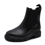 DRECAGE Gummistiefel Damen Wasserdicht Stiefel Damen Halbhoch Ankle Chelsea Boots Stylisch Stiefeletten mit Rutschfest Sohle Schwarz 39