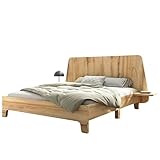 Massivholzbett mit integriertem Nachttischregal, Lattenrost inklusive, Robustes Bettgestell für hohe Tragfähigkeit, Elegantes Design mit geschwungenem Kopfteil (Eiche Mit Matratze,140x200cm)