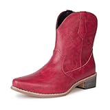 Remxi Western-Cowboystiefel für Damen, Stiefeletten, niedrig, klobig, spitzer Zehenbereich, Cowgirl-Stiefel, PU-Leder, rot, 38 EU