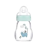 MAM Feel Good A159 Flasche aus Glas, mit Sauger 1 patentierter SkinSoftTM Ultraweiches Silikon, für Babys ab 0 Monaten, 170 ml, Blau