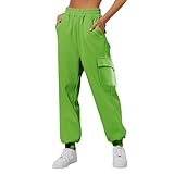 Cargo-Jogginghose mit Bündchen, Cargo-Hose für Damen, einfarbig, mit mehreren Taschen, legere Sporthose, modische Wanderhose, weite Taille, Fitnessstudio, Sporthose, grün, L