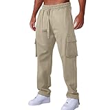 Cargohose für Herren UK – lockere, gerade Trainingshose, vielseitig und bequem, mehrere Taschen, solide Arbeitshose, Herren, Kampfhose, elastische Taille, Schnürung, Jogginghose für Herren, schwarze