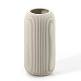 Moderne Keramik Vase, Weiß, Gerippt, Zylindrische Form (Beige)