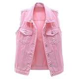 Damen-Denim-Weste mit Knöpfen, gewaschene Jeansjacke, ärmellose Jeansjacke für Damen, Used-Look mit Taschen (Rosa, Größe M)