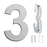 Edelstahl Hausnummer - Wetterfest und Pflegeleicht - Metallic Mattes Silber Finish - Moderner Schwebender Aussehen und Einfache Installation - Höhe 152 mm - Arial Ziffer 3