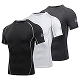 AMZSPORT Herren Kompressionsshirt Kurzarm T-Shirts Schnell Trocknend Gym Laufen Funktionsunterwäsche, 3er Pack, Schwarz, Weiß, Grau XL